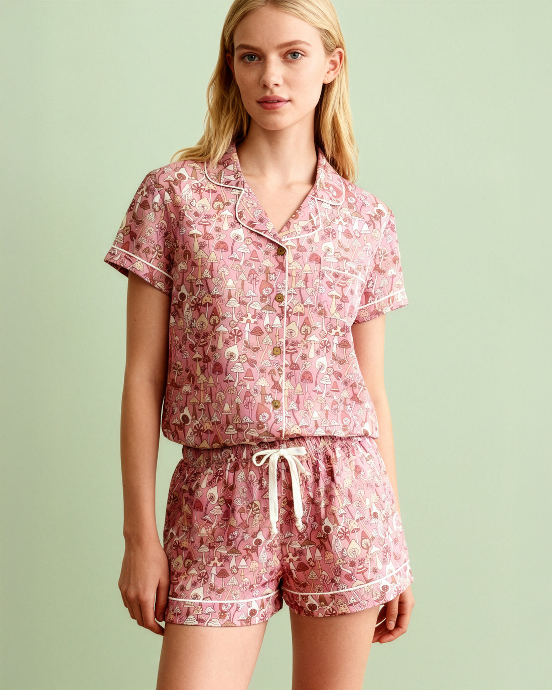 Pink Mushroom Notch Collar Short Set