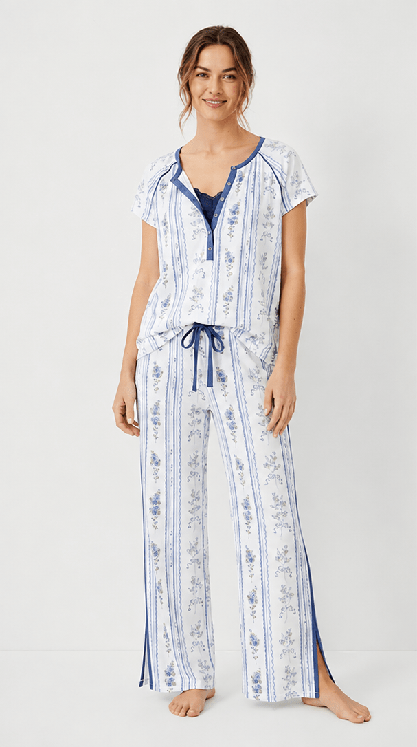 2-Piece Floral Crew-Neck Henley W/Side Slit PJ - Haute Dreamz