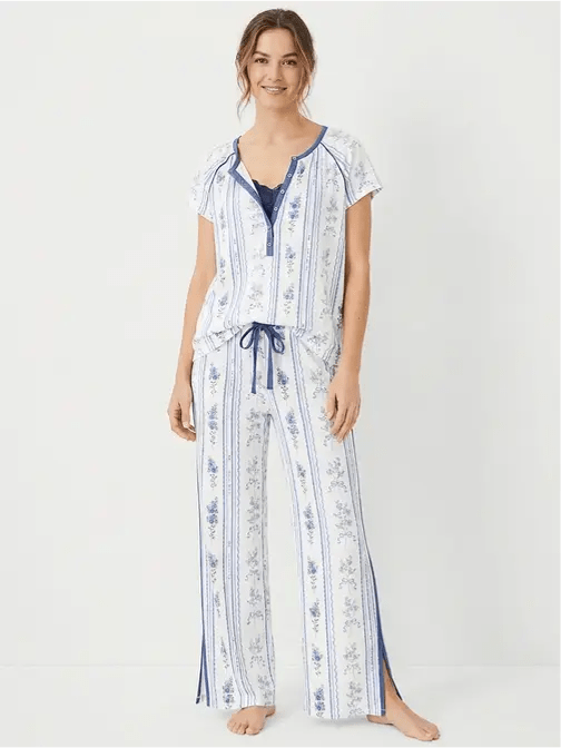 2-Piece Floral Crew-Neck Henley W/Side Slit PJ - Haute Dreamz