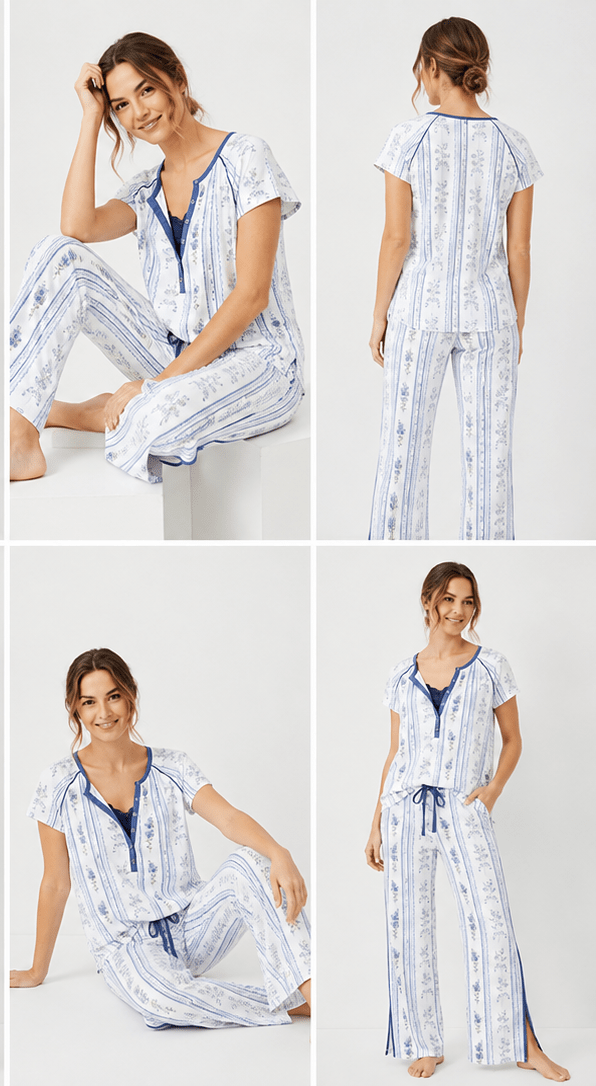 2-Piece Floral Crew-Neck Henley W/Side Slit PJ - Haute Dreamz