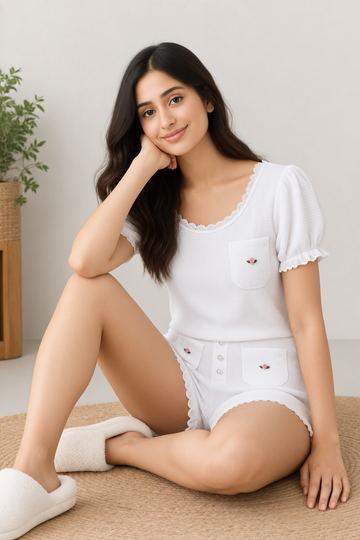 Waffle Crop top Short set w/ Lace pockets