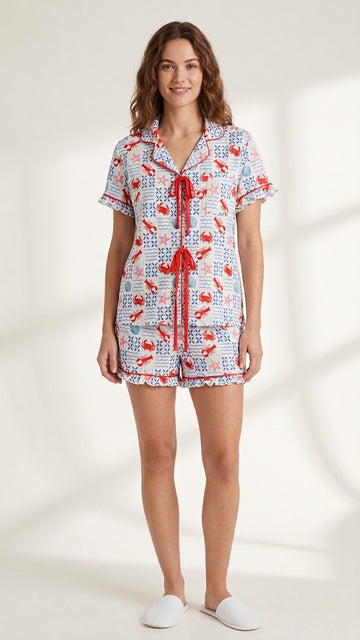 CRAB LOBSTER PRINT - SHORT SLEEVE NOTCH COLLAR SHORT SET