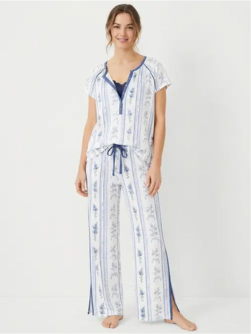 2-Piece Floral Crew-Neck Henley W/Side Slit PJ