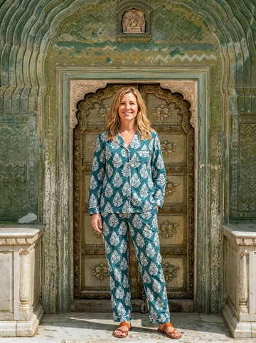 Long Sleeve Notch Collar Block Printed PJ Set