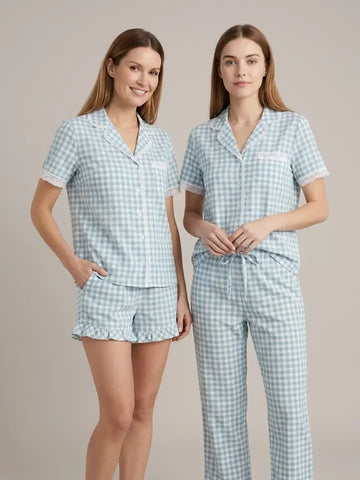 Eyelet trim Gingham PJ Set w/ Frilly Trim - 3PK