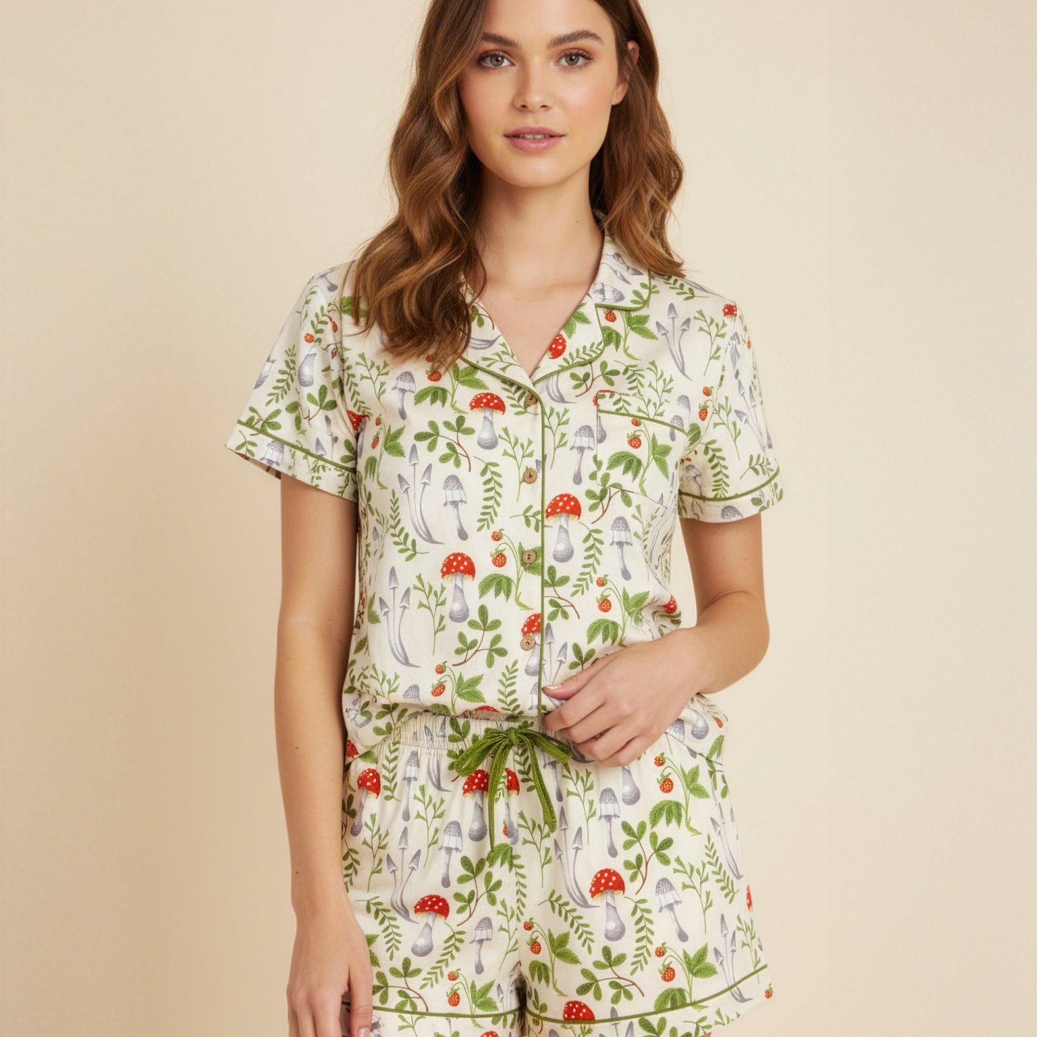 Green Mushroom Notch Collar Short Set