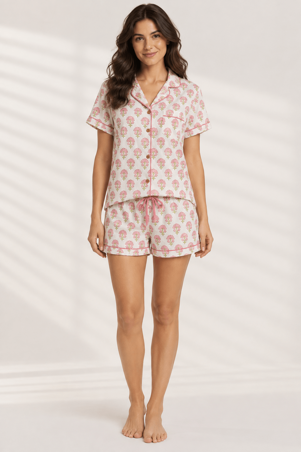 Cotton Floral Motif Printed Notch Collar Shirt Short Set - Haute Dreamz