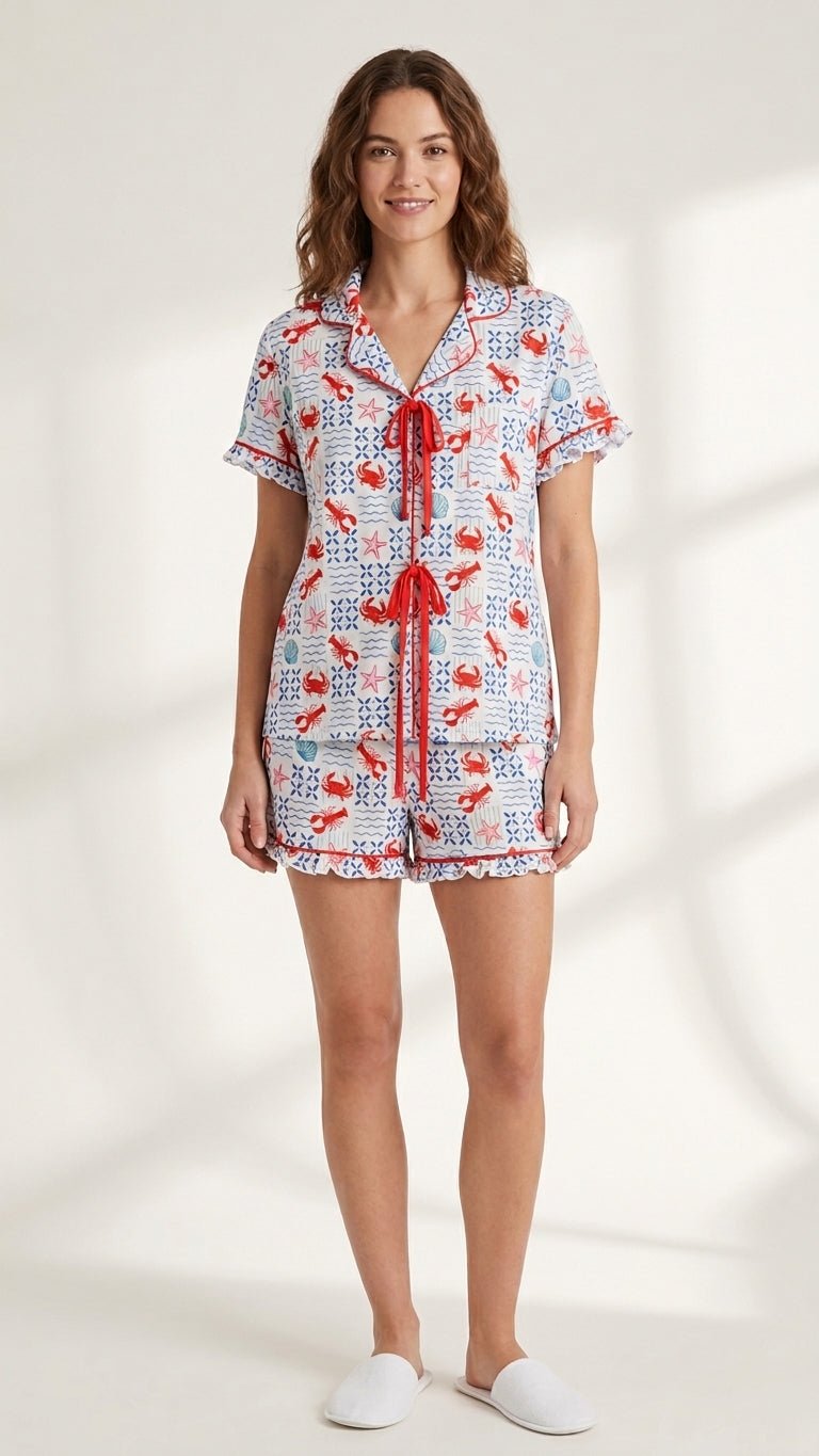 CRAB LOBSTER PRINT - SHORT SLEEVE NOTCH COLLAR SHORT SET - Haute Dreamz
