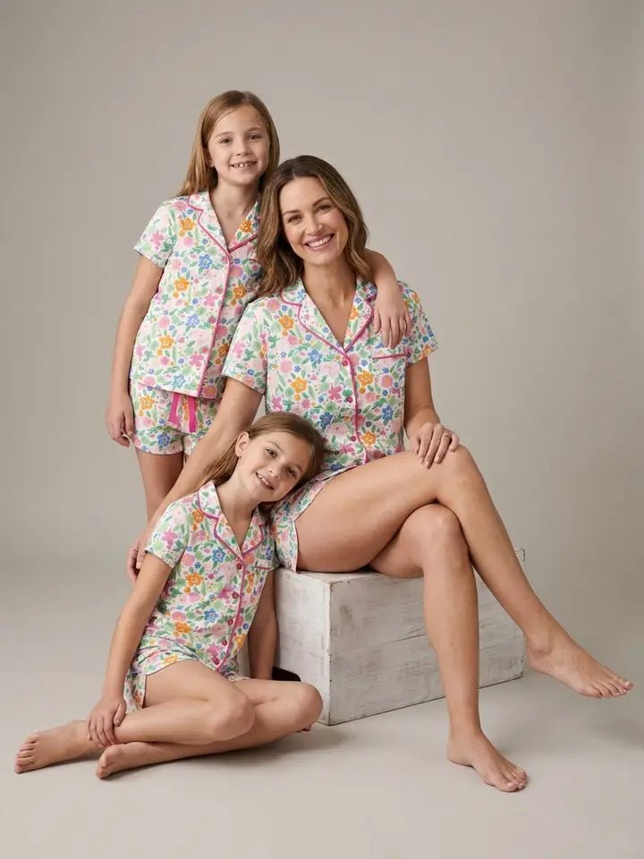 Ditsy Floral Printed Notch Collar Shirt & Short PJ Set- Coordinating Mommy & Me Set - Haute Dreamz