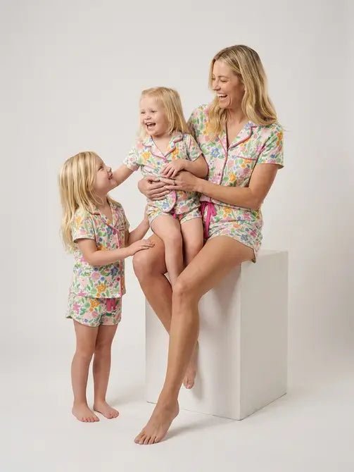 Ditsy Floral Printed Notch Collar Shirt & Short PJ Set- Coordinating Mommy & Me Set - Haute Dreamz