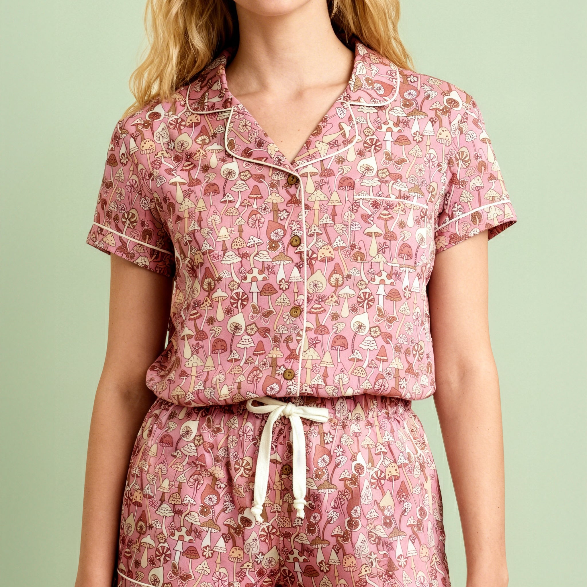 Pink Mushroom Notch Collar Short Set