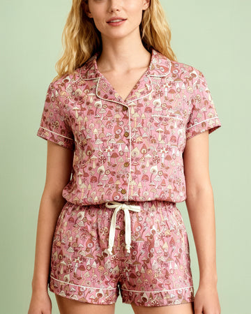 Pink Mushroom Notch Collar Short Set