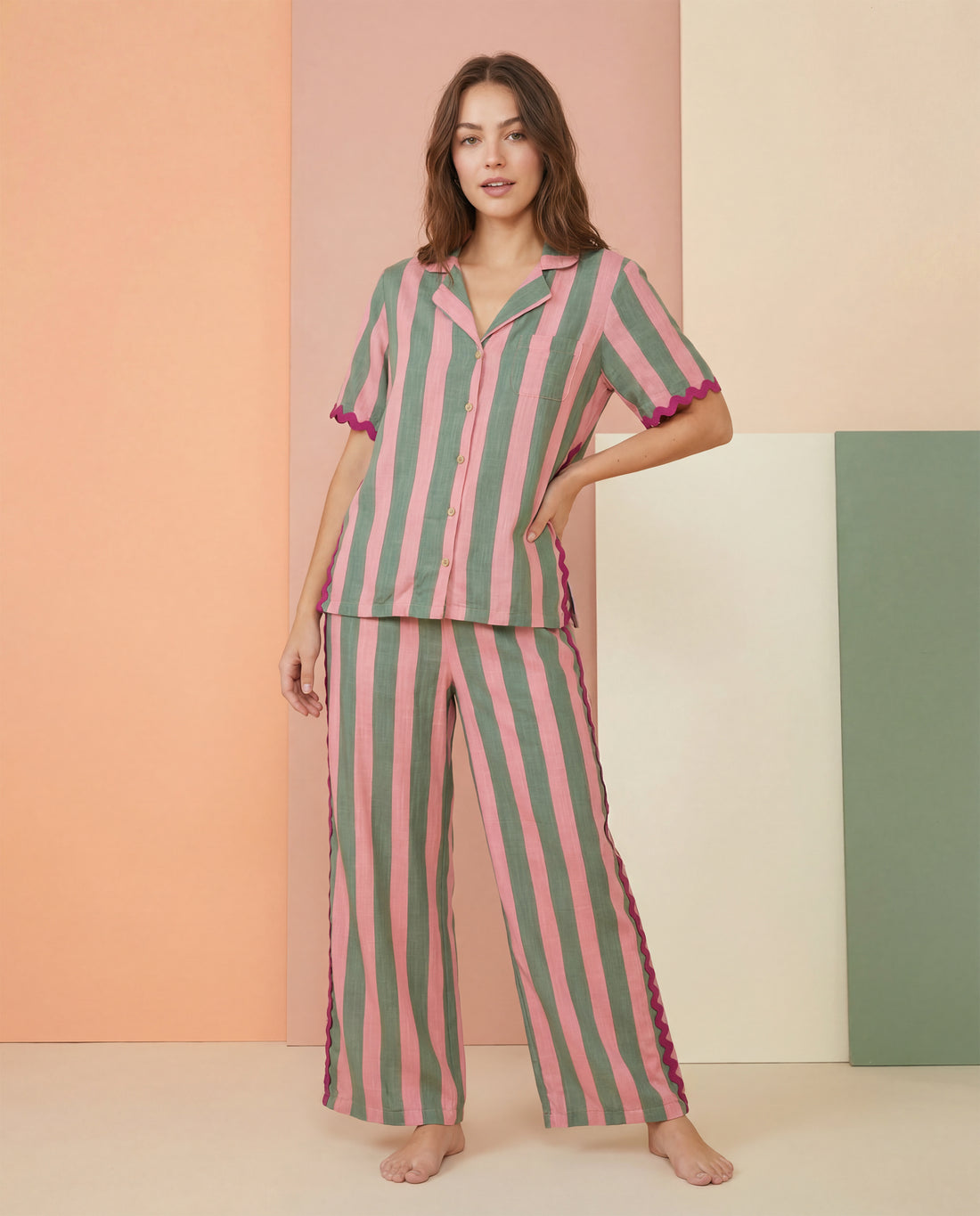 Watermelon Stripe Ric Rac Cotton Pajama Set