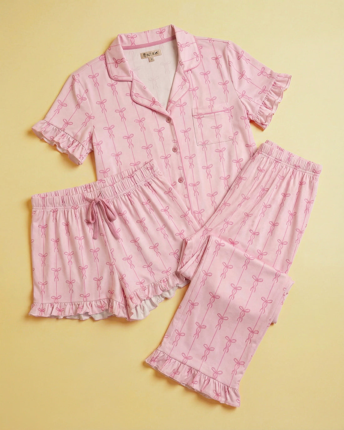 Pink Romantic Bow 3-Piece Frilly Pajama Set