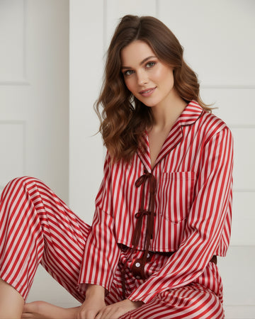 Striped Boxy Collar Tie Top & Boxer Set