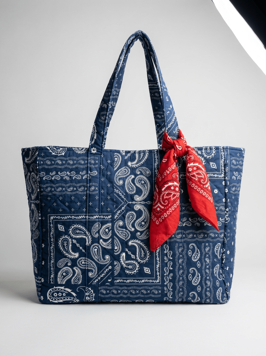 Hand-Block Bandana Print Quilted Cotton Tote Bag w/Scarf - Haute Dreamz