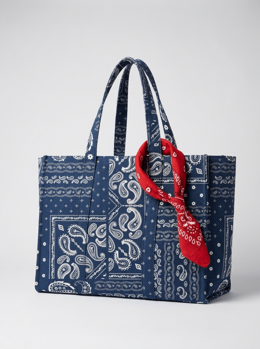 Hand-Block Bandana Print Quilted Cotton Tote Bag w/Scarf - Haute Dreamz