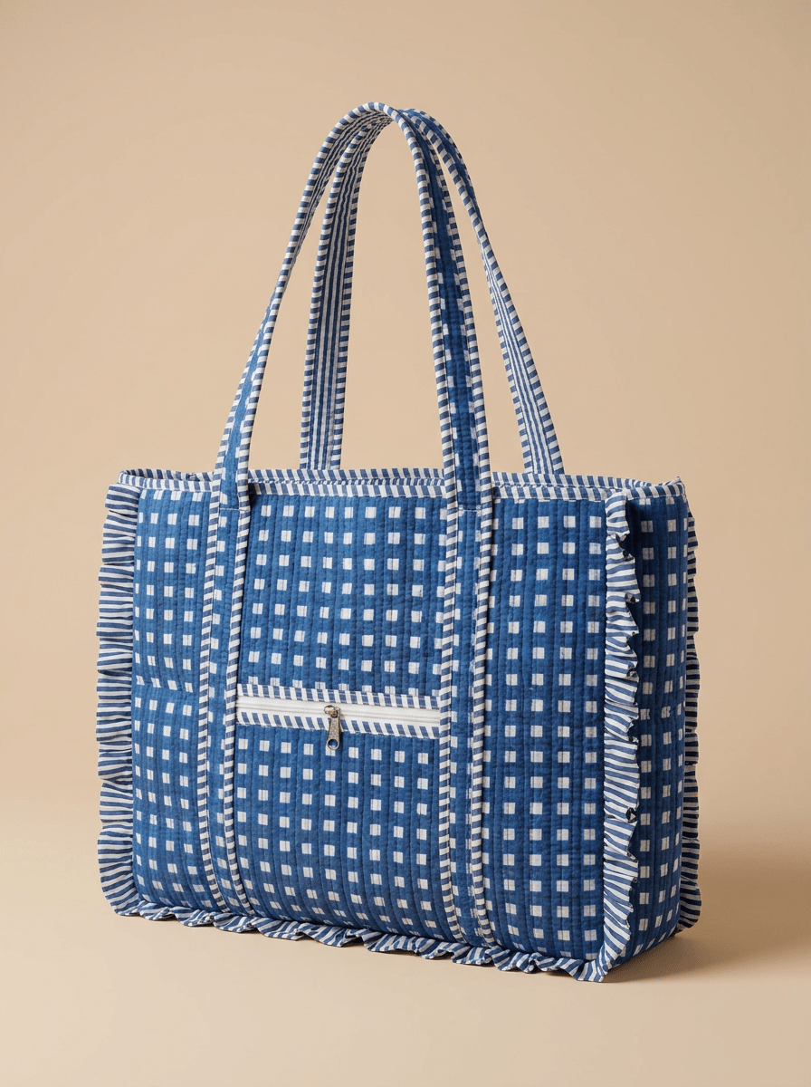 Hand Block Gingham Cotton Quilted Bag: Bohemian Frill shoulder Tote - Haute Dreamz With Zipper Pocket