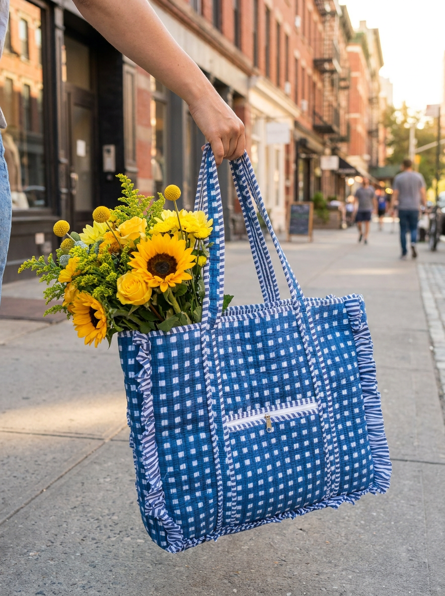 Hand Block Gingham Cotton Quilted Bag: Bohemian Frill shoulder Tote - Haute Dreamz