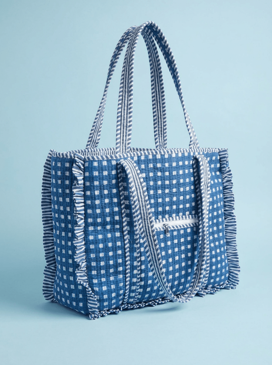 Hand Block Gingham Cotton Quilted Bag: Bohemian Frill shoulder Tote - Haute Dreamz
