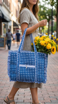 Hand Block Gingham Cotton Quilted Bag: Bohemian Frill shoulder Tote - Haute Dreamz