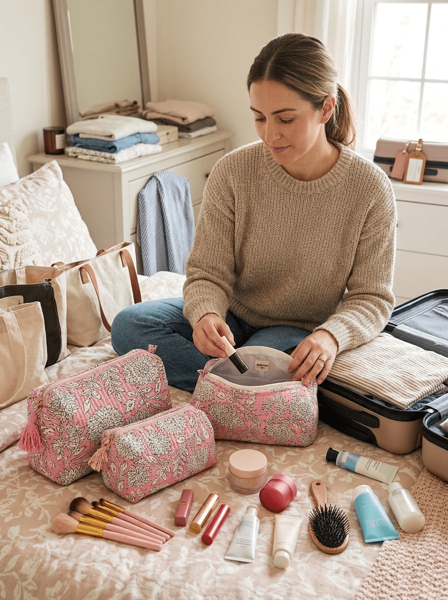 Hand Block Printed Quilted Toiletry Bag Set | Floral Cotton Travel Pouches - Haute Dreamz