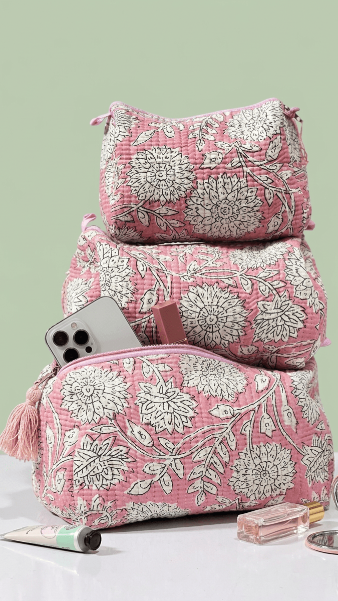 Hand Block Printed Quilted Toiletry Bag Set | Floral Cotton Travel Pouches - Haute Dreamz
