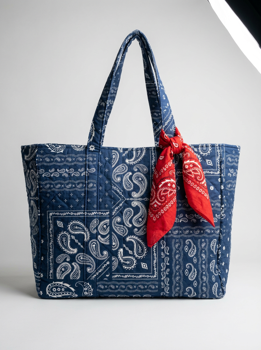 Hand-Block Bandana Print Quilted Cotton Tote Bag w/Scarf - Haute Dreamz