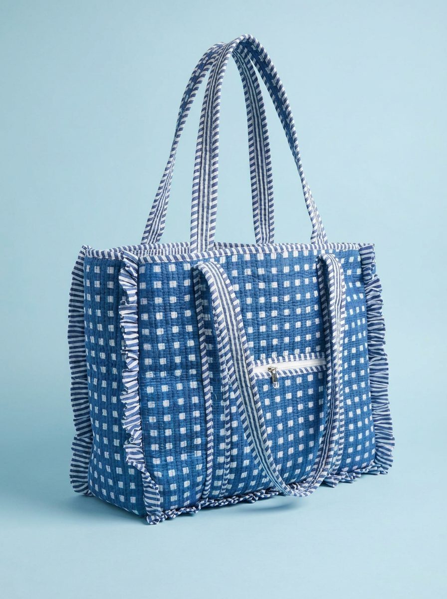 Hand Block Gingham Cotton Quilted Bag: Bohemian Frill shoulder Tote - Haute Dreamz