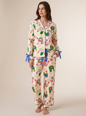 Long Seelve Tie trim Pj Set - Whimsical Chicken garden