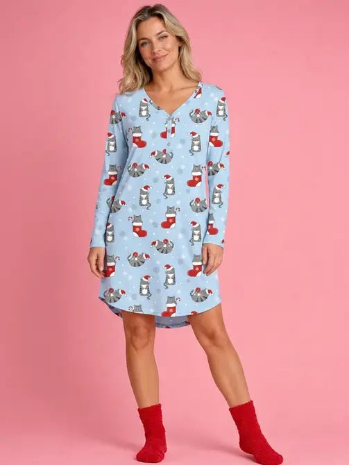 HOLIDAY - 2 PK Cat Lover Sleepshirt with Chenille Sock - Haute Dreamz