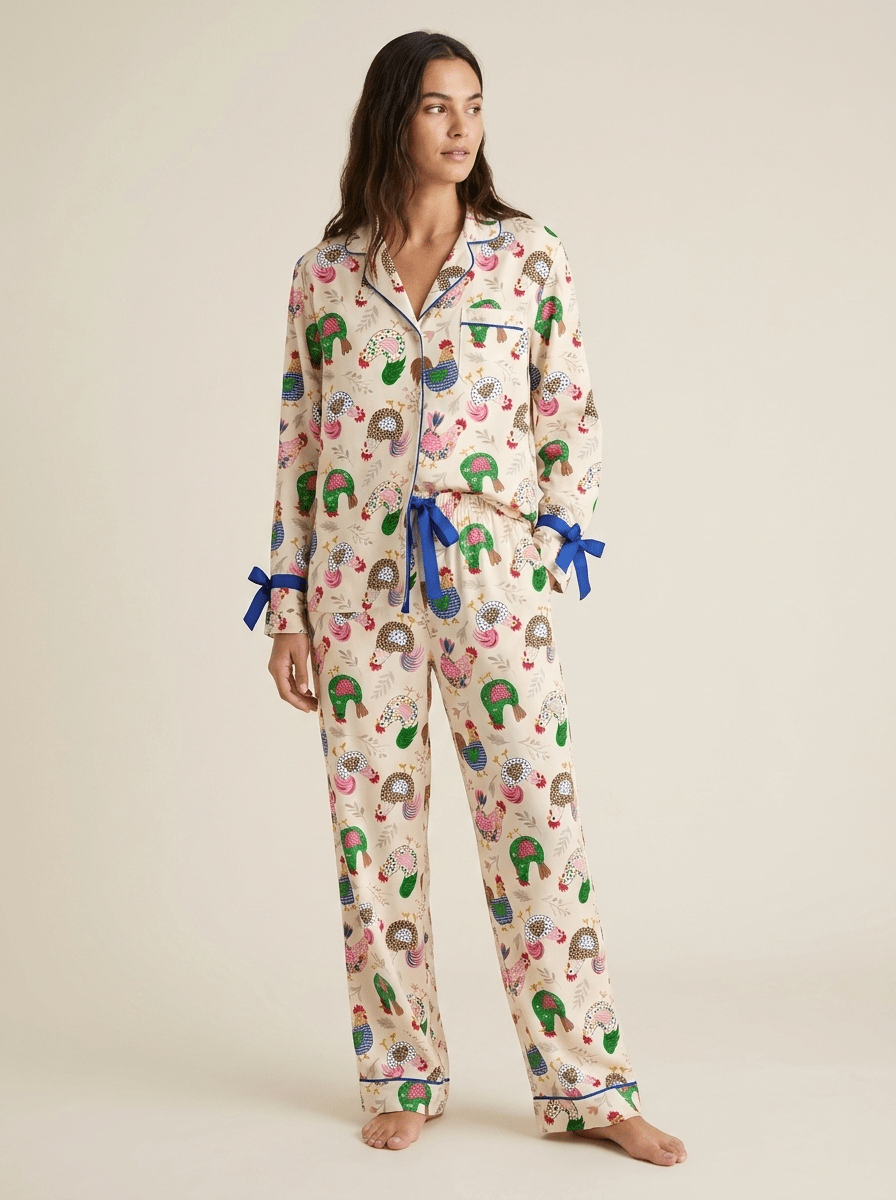 Long Seelve Tie trim Pj Set - Whimsical Chicken garden - Haute Dreamz