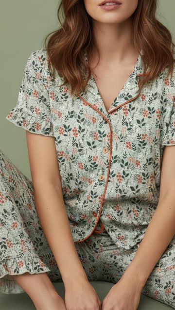 Meadow Bloom Notch Collar Pajama Set - Haute Dreamz