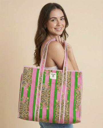 Pink Tiger Stripe Quilted Tote Bag - Haute Dreamz