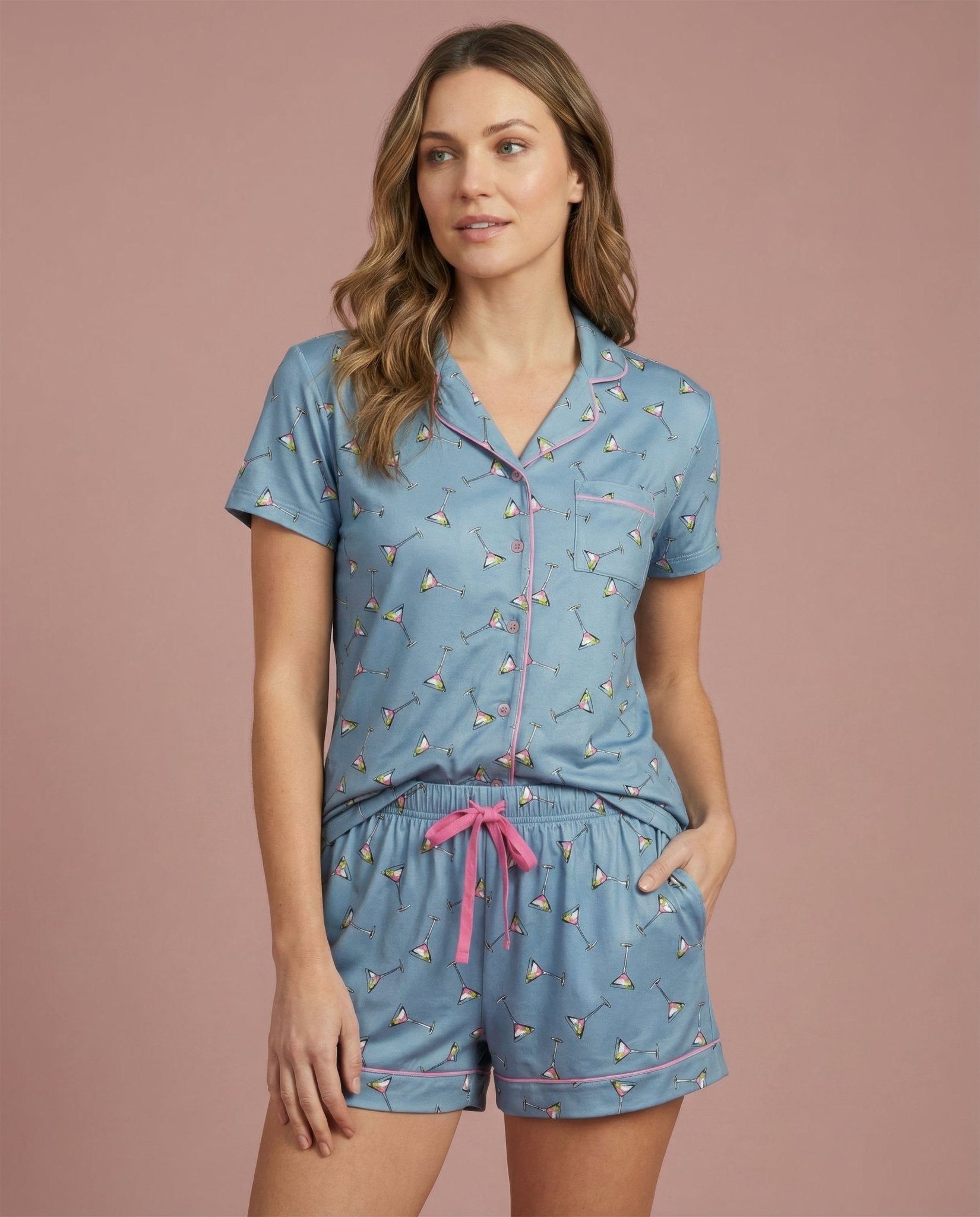 Sky Blue Martini Notch Collar Short Set - Haute Dreamz