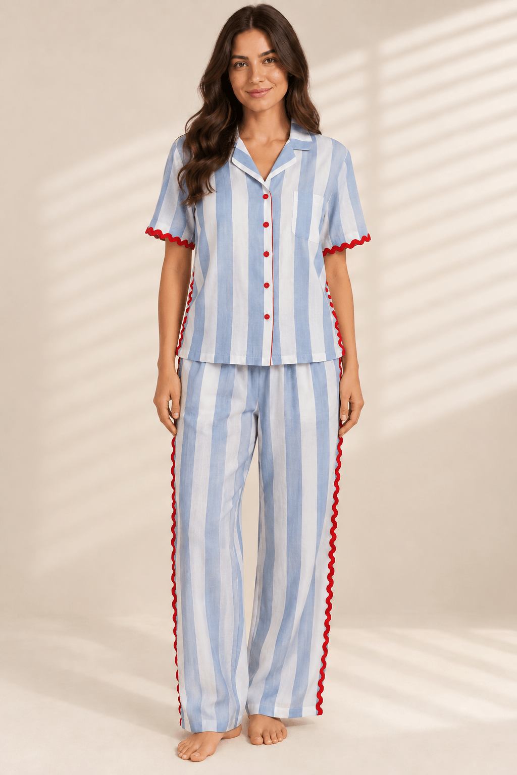 Wide Stripe w/ Red Ric Rac Pajama Set - Haute Dreamz